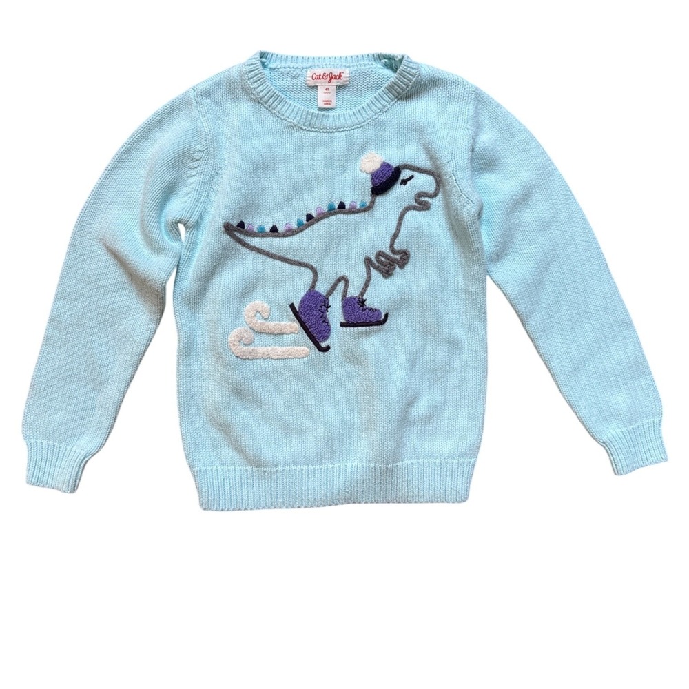 Cat & Jack Sweater Kids Blue Excellent Ice Skating Dinosaur Graphic SIZE 4T
